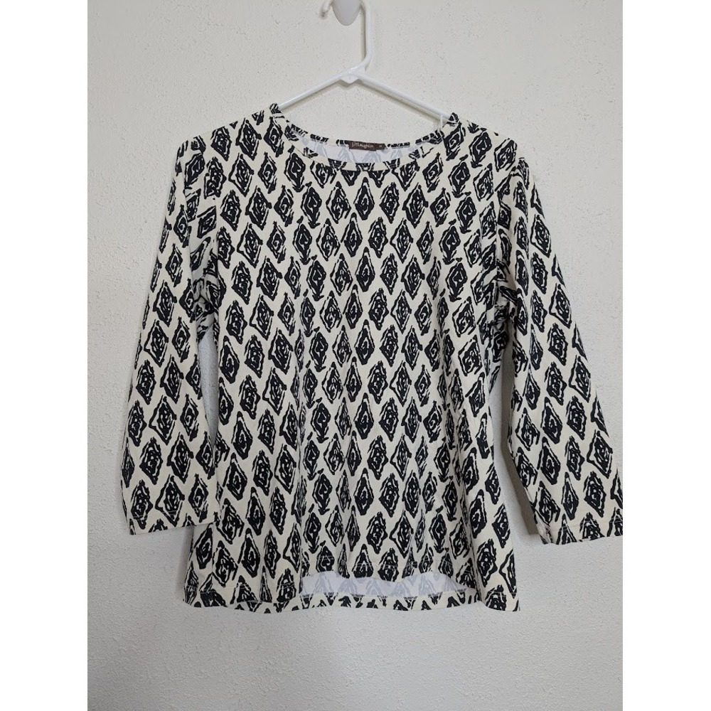J. McLaughlin Catalina Cloth Black White Diamond Crewneck Top Medium 3/4 Sleeve‎